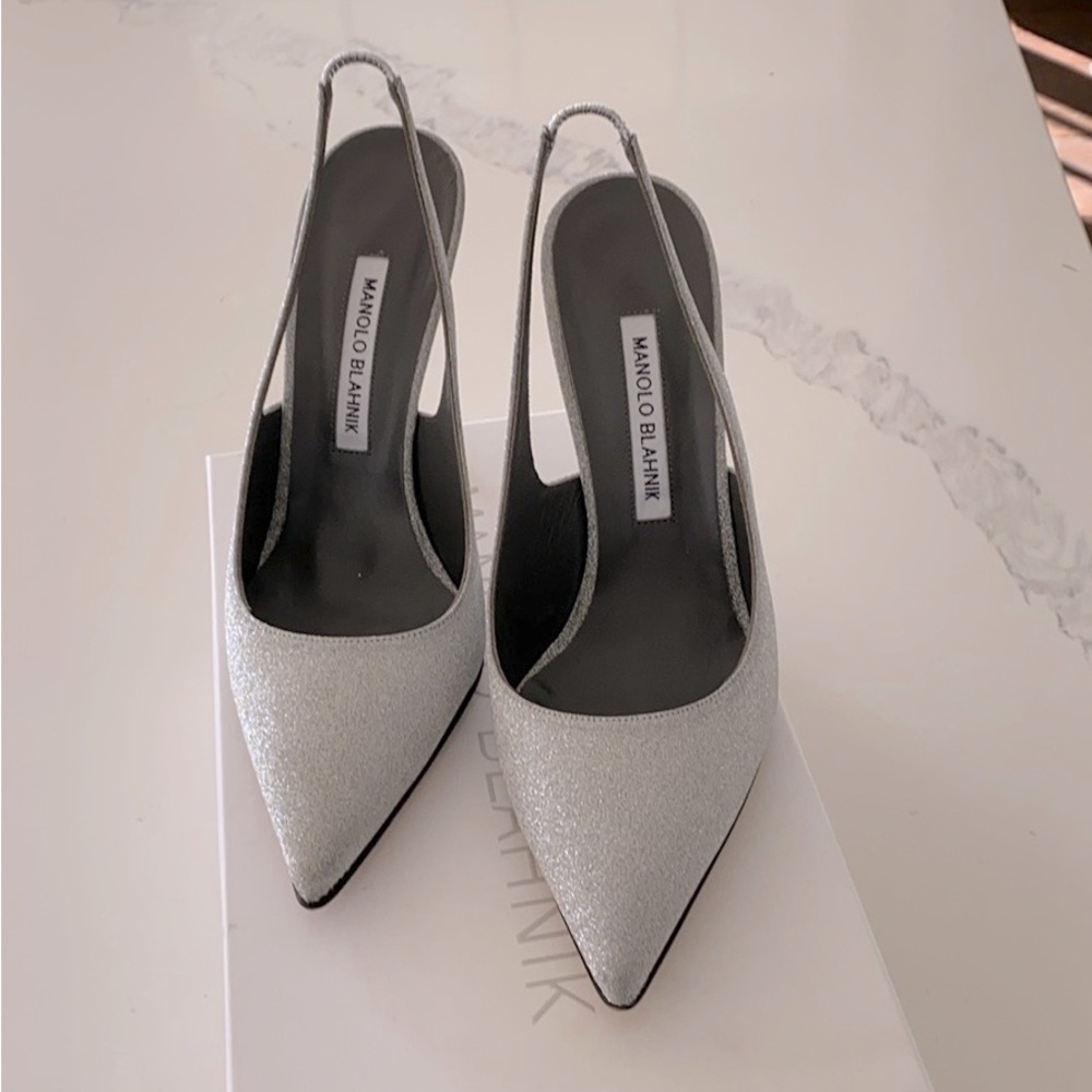MANOLO BLAHNIK 105mm SLINGBACK HERLS Allura Fabric silver
